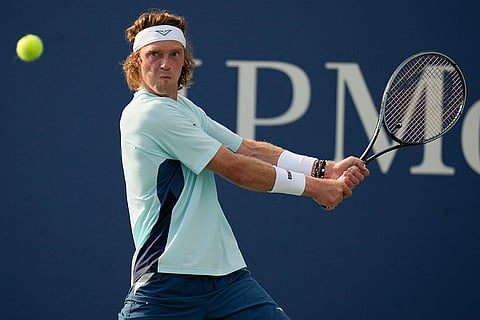 US Open 2024: Andrey Rublev returns a shot to Arthur Rinderknech during the second round of the U.S. Open